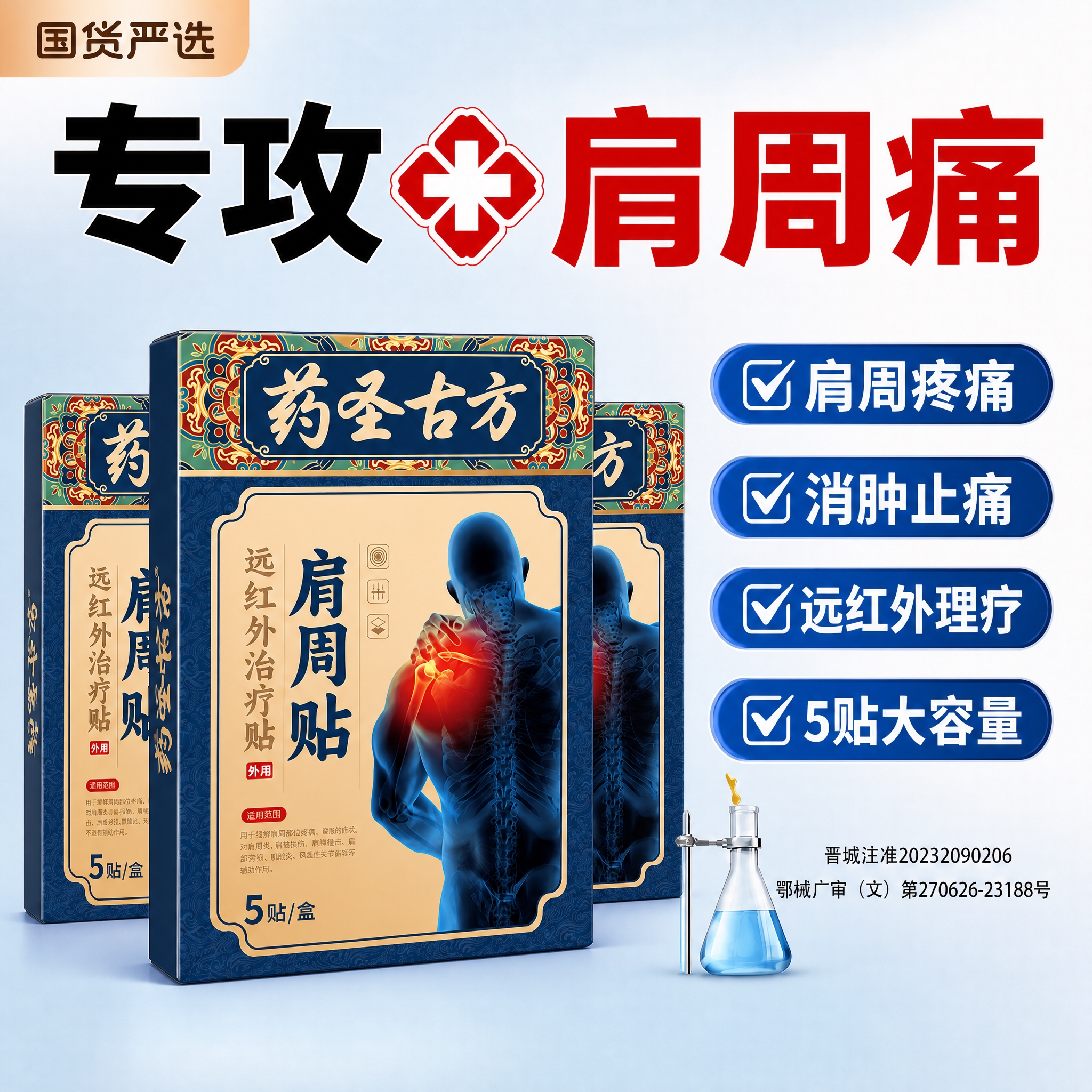 基于参考图的版式结构，将产品替换为药圣古方远红外治疗贴（肩周贴… - 图片创意预览