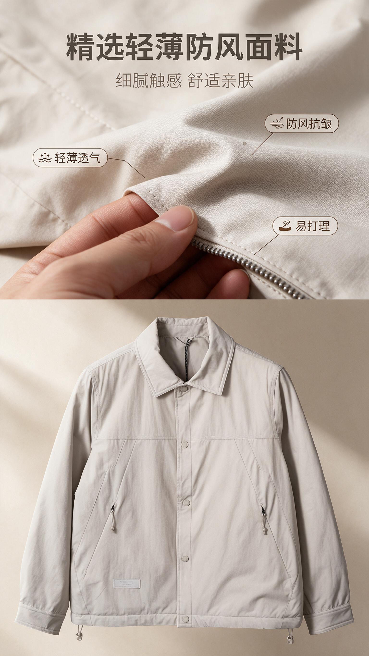 [商品] 使用【图1】浅米杏色男士翻领夹克；商品处理：保留翻领… - 图片创意预览