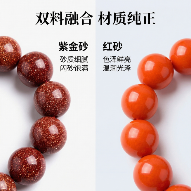 [主图 9] 紫金砂与红砂材质对比展示
[氛围/风格] 清晰专业，突出材质差异
[画面元素] 分块展示，左侧特写紫金砂材质，右侧特写红砂材质，保持原产品珠子材质特征，左侧突出紫金砂砂质细腻饱满闪砂效果预览效果