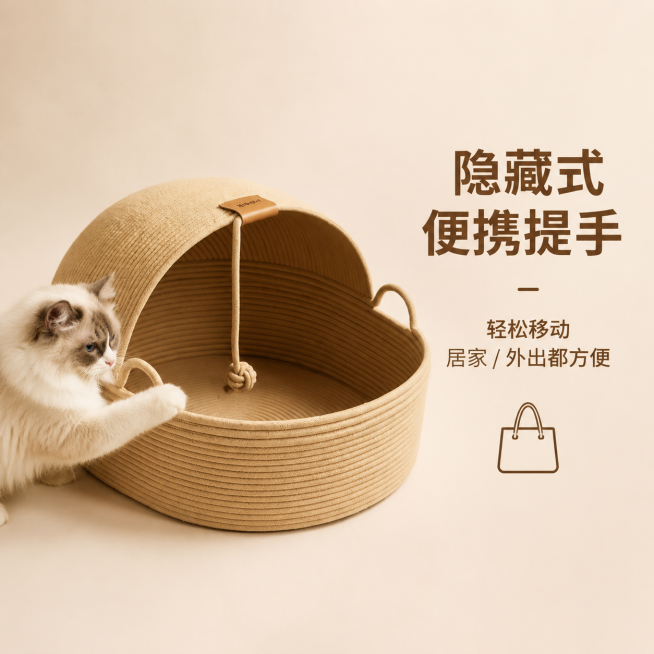 1:1 竖版电商主图，严格还原上传的天然绳编半封闭猫窝产品，包括浅卡其色绳编材质、半封闭穹顶造型、顶部棕色皮质标、绳结装饰、两侧提手等所有细节，产品外观、配色、材质质感完全与参考图一致，保持哑光绳编的预览效果
