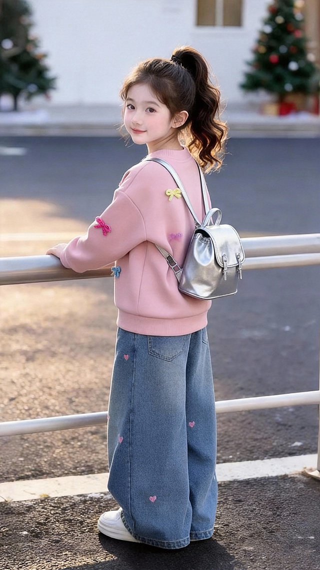 把图1的衣服和裤子给图的2的人物穿上，保留原场景光影，保持图2的人物的五官和发型不变，图片宽高尺寸不变，背景不变，鞋子不变，人物姿势不变，保持图1的衣服和裤子的款式和颜色不变