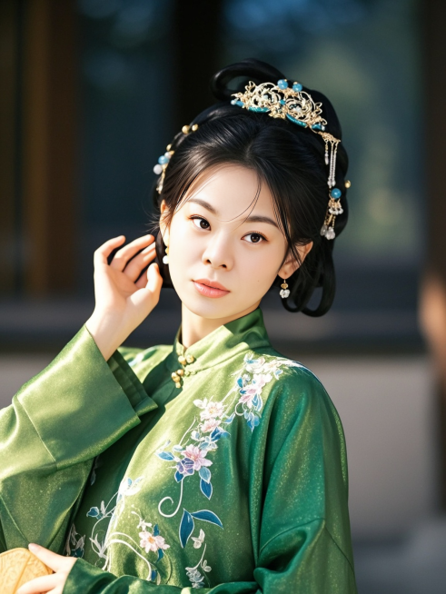 一名身穿绿色系汉服的女生，中式发饰，皮肤纹理清晰，高清商业摄影，半身照，人物特征保持预览效果