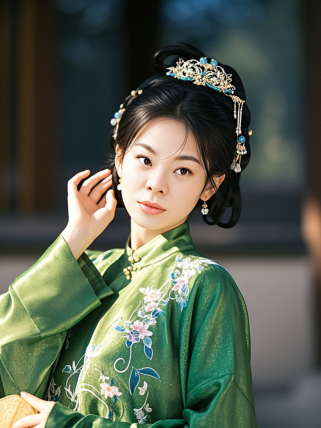 一名身穿绿色系汉服的女生，中式发饰，皮肤纹理清晰，高清商业摄影，半身照，人物特征保持