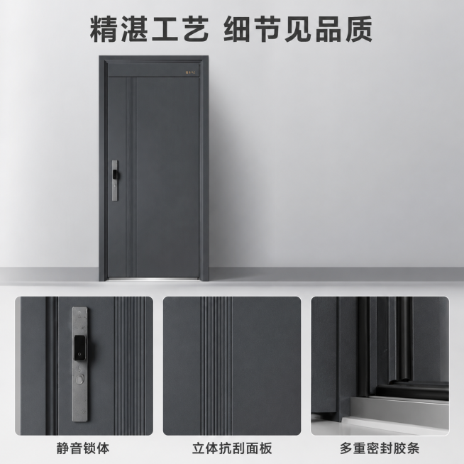 [主图-3] 防盗门细节工艺展示。保持这款深灰色防盗门的外观（物理结构、材质质感、颜色）与输入产品图绝对一致，杜绝任何变形和色差，精细化处理。[氛围风格]简约现代，突出细节质感；[画质]商业摄影质感、预览效果
