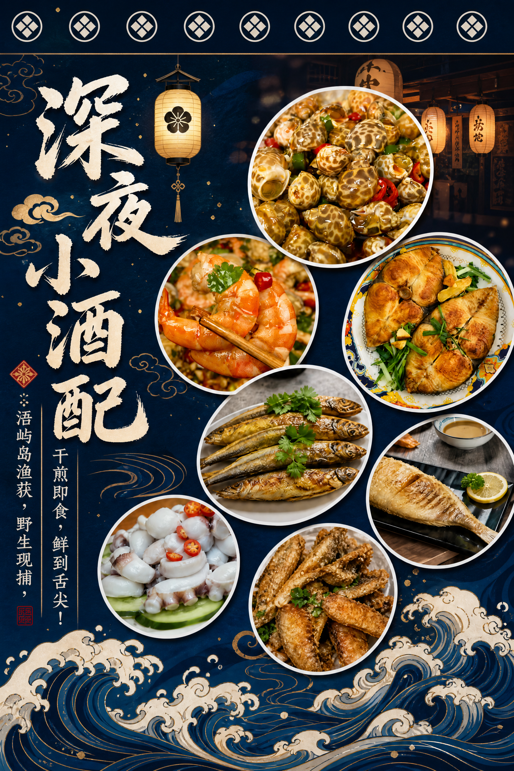 再次重新设计日式海鲜美食海报，采用全新的排版方案：深蓝色日式海… - 图片创意预览