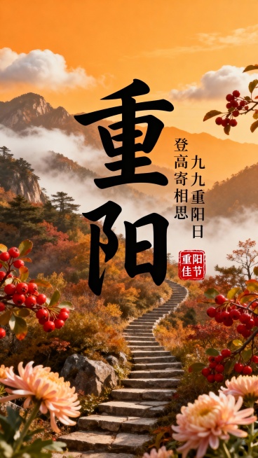 画面主体是 “重阳” 大字，小字竖排 “九九重阳日 登高寄相思”，红色印章 “重阳佳节”，背景为带有层次感的橙黄色调山林登高景象（远山、石阶、云雾点缀），有茱萸和菊花点缀。预览效果