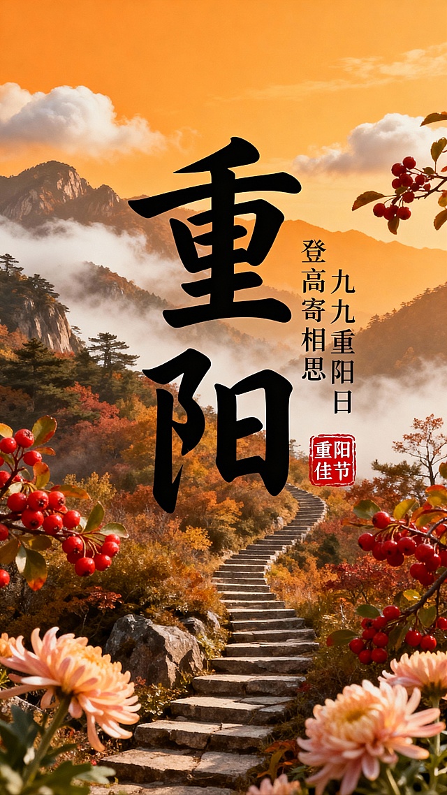 水墨风融合国潮元素，大字风书法点题“重阳”，山间云雾缭绕，秋色朦胧静谧，光影流转中透出古典唯美感，登高寄相思，尽显节日诗意。