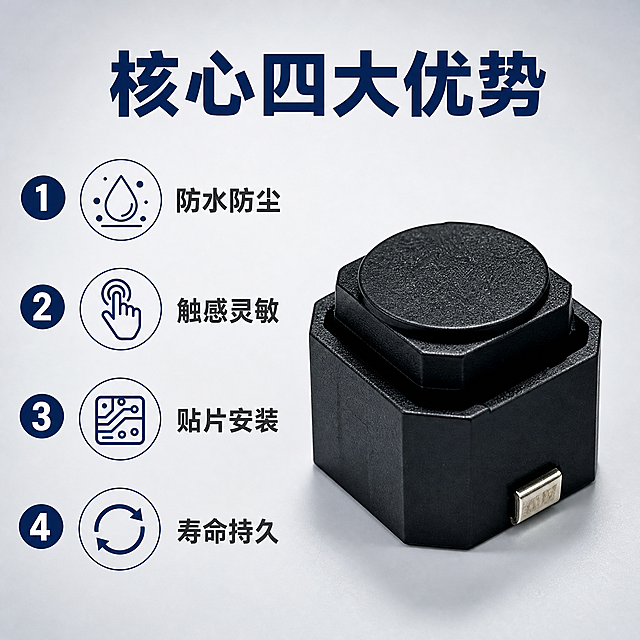 [主图-2] 产品亮点 编号卖点导图 展示贴片轻触开关四大核心优势
[统一基调] 专业工业品质风 深蓝科技配色 浅灰渐变背景 主标题深蓝色粗黑体 辅助文字深灰色 强调色为深蓝色 整体清晰规整 传递专业靠谱感
[画面] 画面右侧主体放大展示单个黑色方形贴片轻触开关正面45度视角 产品占比约50% 左侧竖排四大卖点 从上到下依次为 1 防水防尘 配水滴防尘图标 2 触感灵敏 配手指按压图标 3 贴片安装 配电路板图标 4 寿命持久 配循环箭头图标 每个卖点编号用深蓝色圆形底白字 卖点文字深灰色 顶部主标题写核心四大优势 背景为浅灰色渐变 简洁干净
[光影质感] 商业摄影质感 产品正面受光均匀 侧面有明暗过渡 体现方形结构和哑光表面质感 底部有柔和投影
[配色] 背景浅灰渐变 编号圆底深蓝色 卖点文字深灰色 主标题深蓝色 产品保持原图黑色哑光质感
[文字版式] 顶部主标题深蓝色粗黑体 左侧竖排编号卖点 编号圆内白色数字 右侧深灰色卖点名称 字体统一 字号层级清晰 不遮挡产品主体
[输出要求] 1:1正方形 文字清晰可读 产品清晰不变形 无水印 无平台Logo 无多余杂物