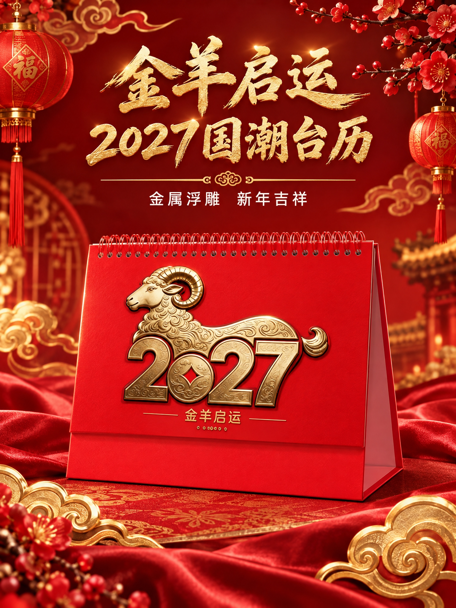 [商品] 使用金羊启运款台历；保留红色封面、金色浮雕羊造型、2… - 图片创意预览