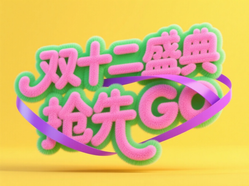 毛绒圆润的质感“双十二盛典 抢先GO”，字体粉色+部分笔画绿色。紫色丝带缠绕包裹住毛绒的字，背景黄色预览效果