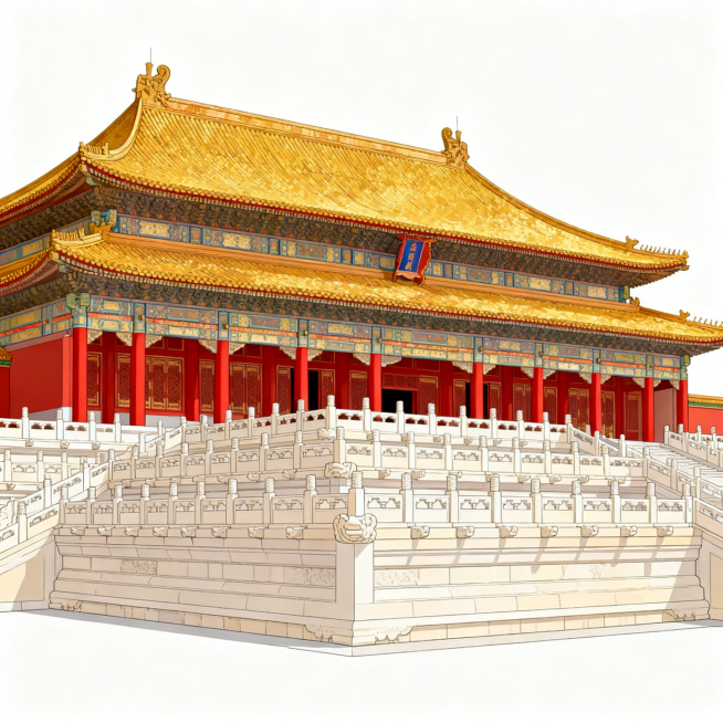北京故宫太和殿正面视角，重檐庑殿顶，金色琉璃瓦，朱红色立柱，三层汉白玉台基，中国传统宫殿建筑，1911年之前样貌，画面无人，建筑插画风格，暖色调（朱红、金色、米色），线条干净，白色背景，细节丰富，专业预览效果