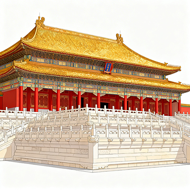 北京故宫太和殿正面视角，重檐庑殿顶，金色琉璃瓦，朱红色立柱，三层汉白玉台基，中国传统宫殿建筑，1911年之前样貌，画面无人，建筑插画风格，暖色调（朱红、金色、米色），线条干净，白色背景，细节丰富，专业建筑渲染图