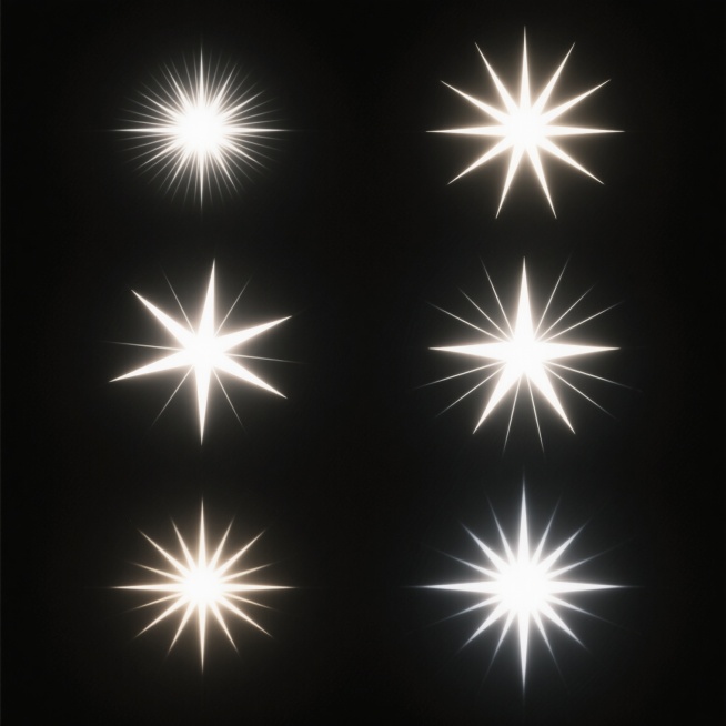 纯黑背景上，六个完全不同造型的放射状星形光效元素系列素材集合规整排布，每个星形光效都具有明亮的中心光点和向外辐射的光芒，保持数字艺术的平滑过渡质感和光影运用，整体色彩进行变换，营造出神秘幽邃的氛围，画面视觉层级清晰，信息传达效率高，符合现代设计感，图形元素简洁而富有装饰性，留白运用恰当以增强整体平衡感。预览效果