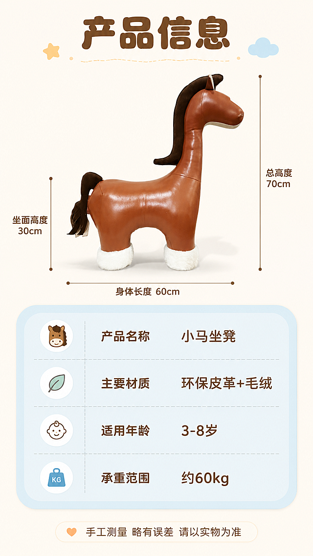 [第8张] 详情页规格信息-小马坐凳尺寸参数卡片。本张使用【图2】作为产品标准照，保留造型、颜色、材质与原图一致。
[氛围/风格] 清新信息卡风格，圆角软排版，干净简洁，商业摄影质感。
[元素布局] 画面上半部分：小马坐凳侧面标准照，占比约45%，旁边标注尺寸线，显示总高度、坐面高度、身体长度等关键尺寸；画面下半部分：圆角参数卡片，分栏列出产品信息；产品造型、棕色皮革、白色毛绒脚套、深棕鬃毛与原图完全一致。
[光影质感] 正面均匀柔光，产品清晰明亮，底部浅淡投影，整体干净通透。
[配色色系] 全局底色 #FFF8F0 暖奶油白；主色暖棕；辅助色浅蓝、米白；参数卡片用浅蓝圆角底，文字深棕色。
[视角构图] 上下结构布局，上半产品展示+尺寸标注，下半参数卡片，阅读动线从上到下。
[文字版式] 顶部主标题「产品信息」，圆润粗黑体，暖棕色；参数卡片分四行：「产品名称」小马坐凳、「主要材质」环保皮革+毛绒、「适用年龄」3-8岁、「承重范围」约60kg；底部一行温馨提示「手工测量 略有误差 请以实物为准」；所有文字清晰可读，软萌圆角字体风格。
[比例分辨率] 9:16 竖版比例，4K分辨率，文字清晰可辨，高清画质。
[负向提示词] 小马变形，尺寸标注错误，颜色偏差，水印，文字过小，参数错乱，产品模糊。