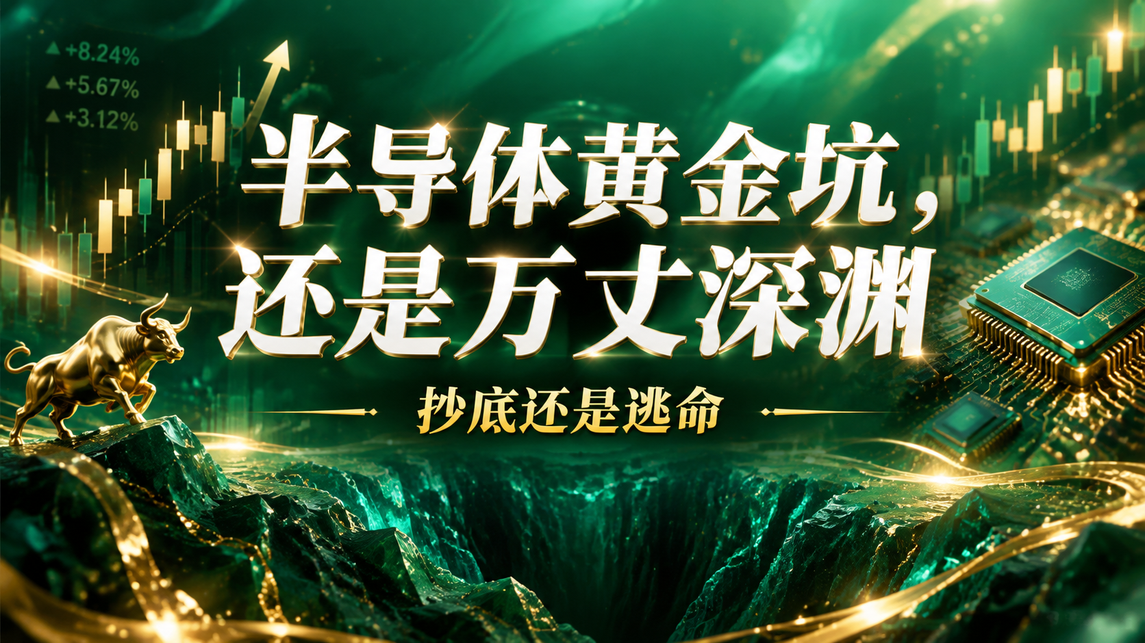 16:9横版股市财经海报，高级翡翠绿色渐变背景，带有金色的股票… - 图片创意预览