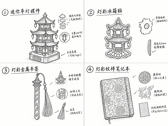 去除图中所有'设计说明'段落文字，保留产品名称标题、序号、标注文字和所有线稿图形，将图片按2x2布局平均分割为四张独立图片，每张对应一个文创产品，保持手绘线稿风格和白色背景不变