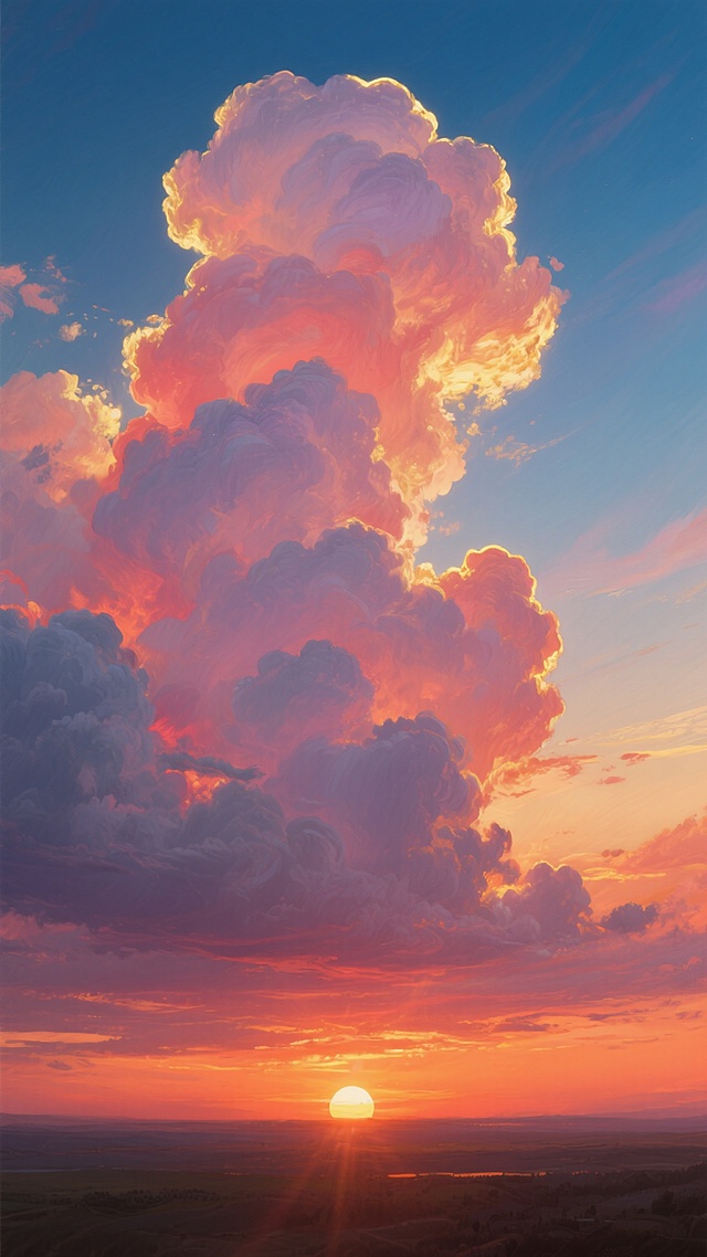 超写实风格的日落天空，巨大蓬松的云彩覆盖整个画面，云彩呈现出丰富的橙红色、粉色和淡紫色渐变，云层边缘有金色的高光，天空从顶部的深蓝色逐渐过渡到地平线的暖橙色，太阳位于地平线附近，散发出柔和的光芒，光线透过云层形成散射效果，整个画面充满宁静而壮丽的氛围，色彩饱和度高，细节丰富，具有油画般的质感和细腻的笔触，高清晰度，8K分辨率。