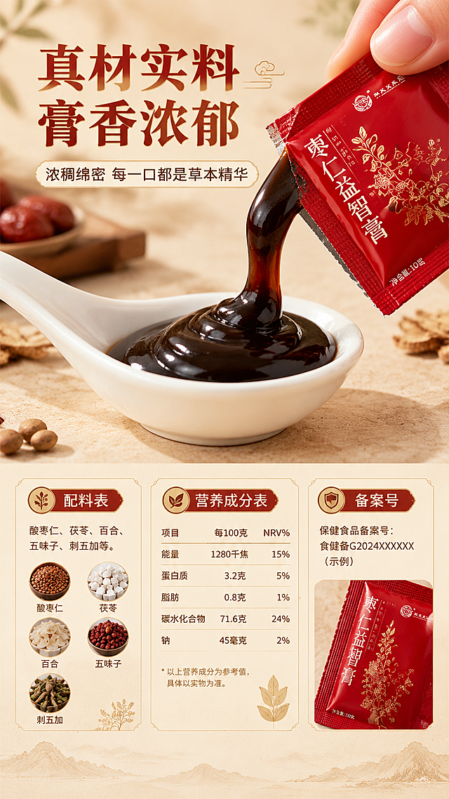 [商品] 使用【图1】枣仁益智膏独立小袋包装；保留红色小袋外观、金色花纹、"枣仁益智膏"文字、品牌Logo、净含量标注；增强小袋印刷质感与细节清晰度，不改变颜色和结构。
[画面] 目标为产品细节实拍页，上下分栏构图，上半部分约50%为膏体质地微距+小袋撕开动作特写：一只手撕开红色小袋，深褐色浓稠膏体缓缓挤出，膏体光泽绵密，置于白色瓷勺中，占画面约40%；下半部分约50%为配料表、营养成分表和备案号信息区，搭配小袋包装侧面细节图；背景为浅米色石材台面。
[视觉] 套系策略：风格=中式温润滋补商业摄影风；标题字=宋体衬线粗体（书法感）；正文字=简洁无衬线体；主色=中国红+暖金；背景延展=基于暖棕、米黄、赭石做深浅层级、同色渐变和宣纸/石材肌理；强调色=暖金色，仅用于小面积图标、引线、标签和装饰线条；标题色=深酒红+金；正文色=深棕灰；组件=圆角米白底信息卡、细线引线、草本icon；光影=左前侧暖柔光，右侧柔和补光。
[文字] 上半区主标题"真材实料 膏香浓郁"，副标题"浓稠绵密 每一口都是草本精华"；下半区分三栏：「配料表」（酸枣仁、茯苓、百合、五味子、刺五加等）、「营养成分表」（能量、蛋白质、碳水化合物等项目示意）、「备案号」（保健食品备案号示意）；全部文字横向排版，清晰可读。
[规格] 图片比例9:16竖版，4K，避免变形、错字、文字过小、冷蓝/冷灰背景、膏体颜色失真。
