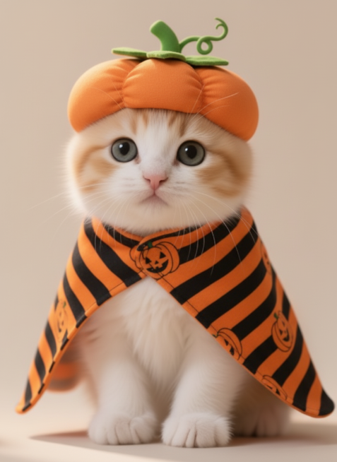 把猫变成身着橙黑条纹南瓜图案的斗篷，头戴南瓜造型帽预览效果