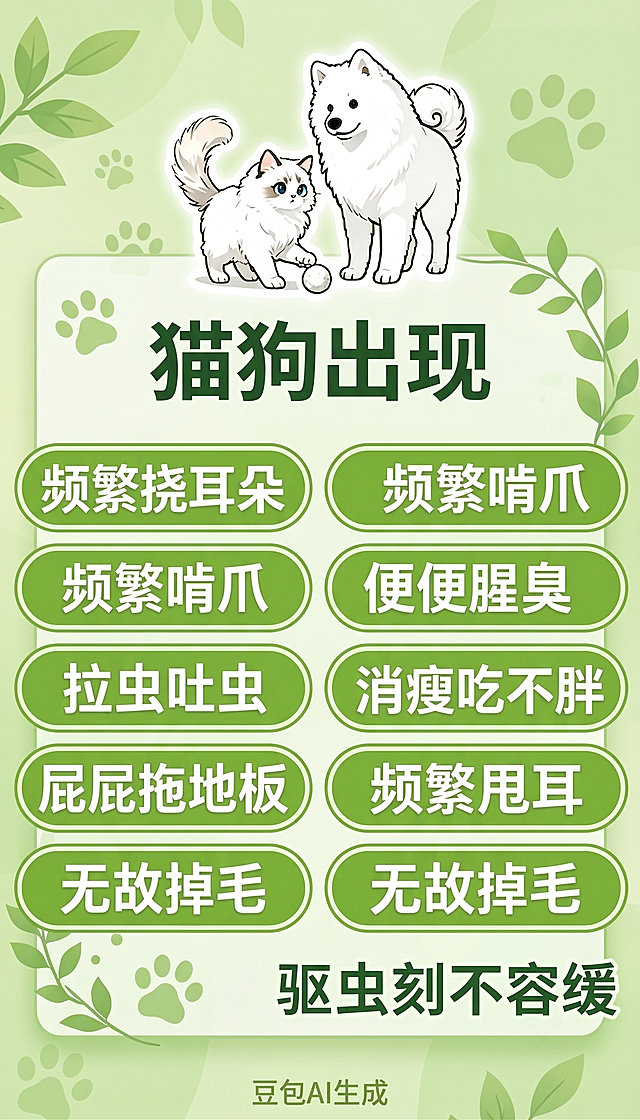 根据这张模板重新排版设计直播间贴纸，将所有文字内容居中排版，保留全部原有文字和猫狗插画，整体风格清新绿色系，适合直播使用