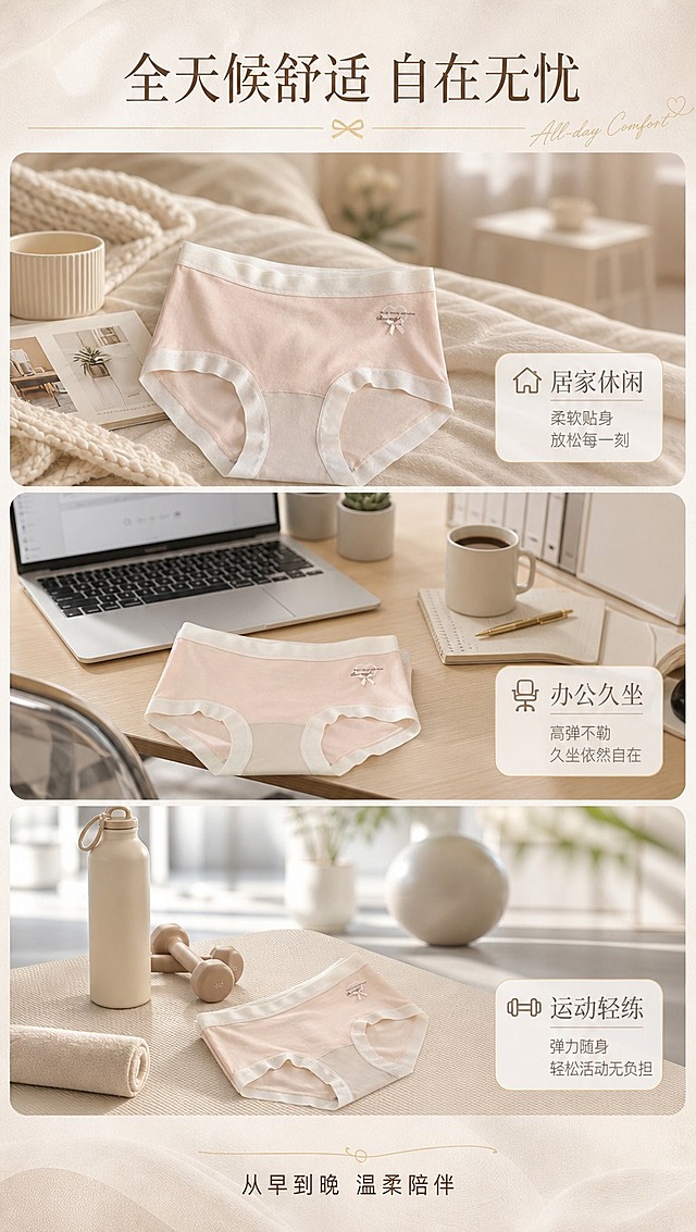 [商品] 使用【图1】浅粉色超弹莱卡棉内裤；商品处理：保留中腰三角版型、宽边腰头、爱心刺绣英文+小蝴蝶结、浅粉色面料、灰色底裆；自然去皱，增强面料质感，不改变版型和颜色。
[画面] 页面目标：多场景舒适代入，展示工作、运动、休闲全场景自在无忧。构图：三分屏竖版拼图，上中下三个场景小图，分别对应居家休闲、办公久坐、运动轻练三种生活场景，每个场景中自然融入内裤元素（叠放于床边/沙发/瑜伽垫旁）；产品占画面约30%。景别：场景中景。前中后景：每个小格有前景道具、中景内裤/场景主体、后景环境虚化。阅读动线：从上至下三格递进。
[视觉] 套系策略：风格=高级温柔商业摄影风，浅米色系品牌感；标题字=纤细优雅宋体衬线体，字重中等偏细；正文字=简洁无衬线圆体；主色=浅米色（奶杏米白）；背景延展=基于浅米色做深浅层级渐变、细腻棉麻织物/哑光纸张质感；强调色=香槟金色，仅用于小面积装饰线、图标点缀、标题英文角标；标题色=深棕褐色；正文色=暖灰褐色；组件=细金线圆角信息卡、极细引线、柔焦光斑；光影=左前侧暖柔自然光，柔和漫射阴影，整体低对比度暖调。
[文字] 画面顶部主标题「全天候舒适 自在无忧」，三格场景右下角分别标注场景名：居家休闲、办公久坐、运动轻练；底部小字「从早到晚 温柔陪伴」，文字全部横排。
[规格] 图片比例9:16竖版，4K分辨率，负向提示：避免变形、错字、文字过小、冷蓝背景、低俗擦边、真人模特低俗展示、水印。