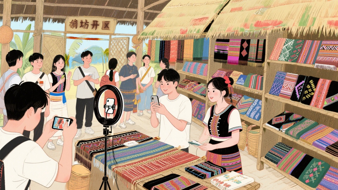 黎锦工坊开放参观，年轻人们正在进行直播带货，黎锦文创产品满满地摆放在货架上，整个黎寨子热闹了起来，氛围热闹鲜活，手绘风格预览效果