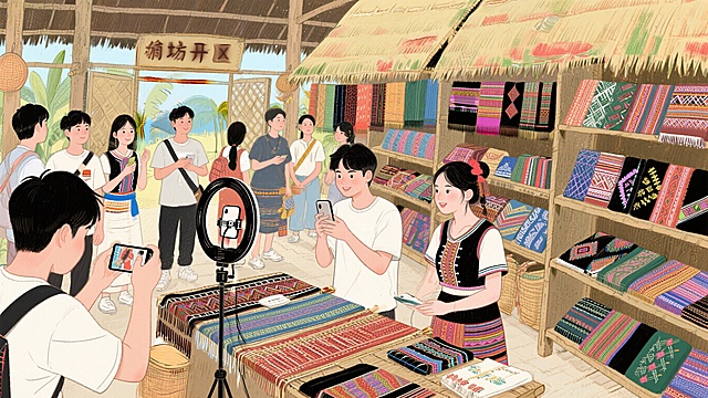 黎锦工坊开放参观，年轻人们正在进行直播带货，黎锦文创产品满满地摆放在货架上，整个黎寨子热闹了起来，氛围热闹鲜活，手绘风格