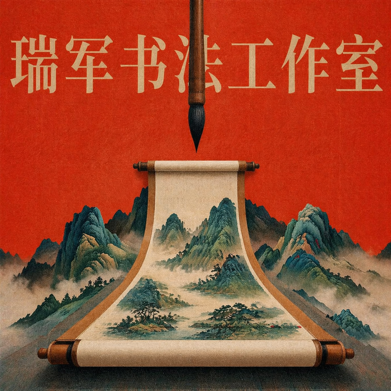 保留当前国潮新中式风格、红色复古背景、毛笔悬于卷轴上方、青绿山… - 图片创意预览