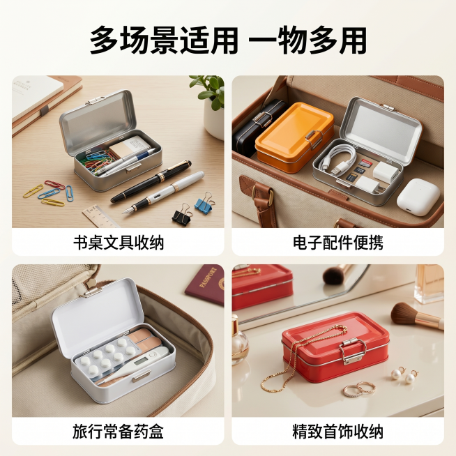 「图片1」「图片1」「图片1」「图片1」，生成一套主图（5张），商品名称是迷你便携翻盖搭扣马口铁盒，卖点是安全锁扣设计：单边金属搭扣，开合顺畅，闭合紧密，有效防止物品散落。 多色可选，简约时尚：黑、白预览效果