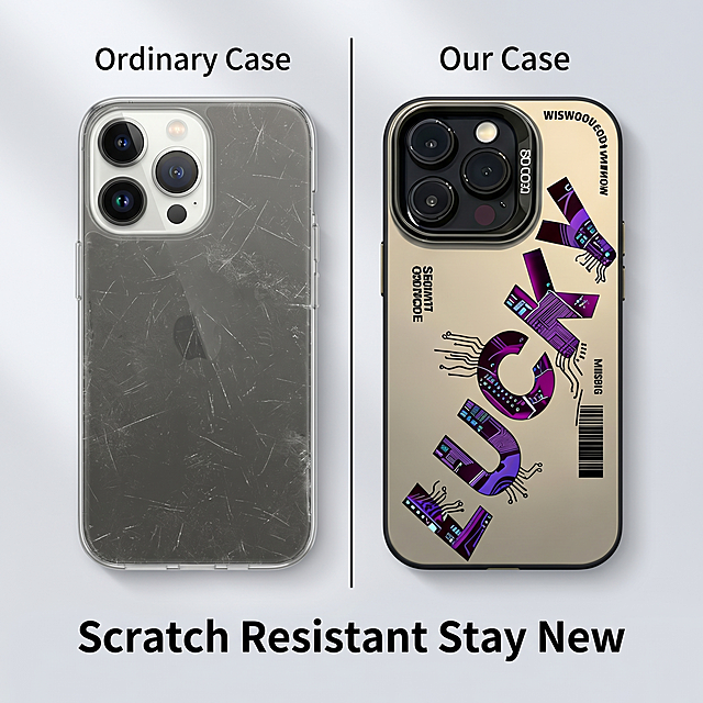 [Main Image 7] Scratch resistance performance comparison
[Aura/Style] Cyber technology style, intuitive comparison, clear expression, compliant cross-border design.
[Screen Elements] Commercial photography texture, soft and transparent light, clear and real product, clean and advanced picture. Bento layout, left and right two-column comparison. Left: Ordinary phone case after friction test, obvious scratches and fuzzing on the surface. Right: Our phone case (keep the original LUCKY deconstructed letter design and champagne gold plating completely consistent with the reference picture), no scratches on the surface after the same test, the plating luster is as good as new. The dividing line is clear, the comparison is intuitive, the product on the right is the main focus.
[Color Scheme] Keep the original product color matching: champagne gold base, purple letters. The comparison background is light gray, the contrast is clear.
[Perspective Composition] Flat overhead perspective, overall focus uniform.
[Text Layout] Above the two columns are separately marked "Ordinary Case" and "Our Case" in English, and the bottom has a small title "Scratch Resistant Stay New", all in English, the font is clearly contrasted, does not obscure the product.
[Proportional Resolution] 1:1 ratio, 2K resolution, clear text, ultra HD.
[Negative prompt] Deformation, watermark, text confusion, blurred product picture, extra large advertisement, Chinese characters, exaggerated word "best", non-compliant content.