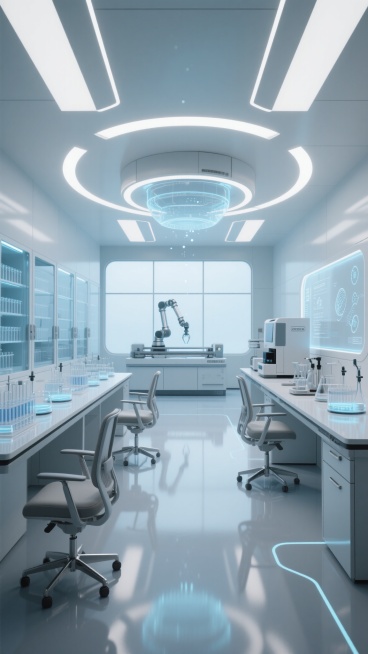 全景构图，极简风格的量子生物实验室内部，以哑光白色和冷调冰蓝为主色调，光线来自悬浮式环形LED无影灯与智能调光玻璃墙透入的柔和天光，空气中悬浮着纳米级检测粒子的微弱蓝光轨迹。地面是无缝一体的环氧树脂自流平地面，形成完美镜面反射，将天花板的几何照明阵列与下方设备精确对称。中央是模块化悬浮实验台，台面采用航空级陶瓷材质，整齐排列着带全息显示功能的智能玻璃器皿、液态金属质感的精密移液器，以及散发着生……预览效果
