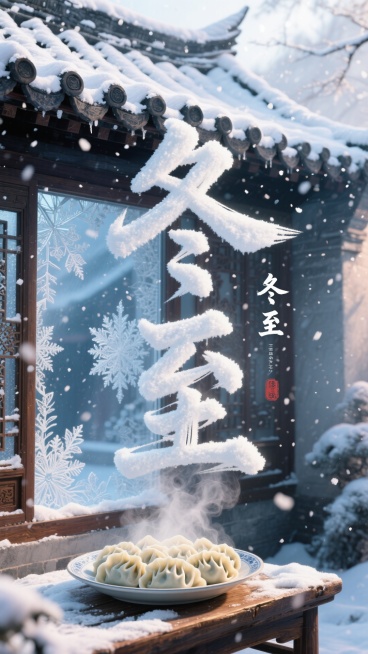 中国风写意画，冬至，雪落屋檐，一盘饺子的热气融化了窗上的冰花。节日。。图片上有“冬至”字样，字体时毛笔体，雪绒绒的字体，8K高清预览效果