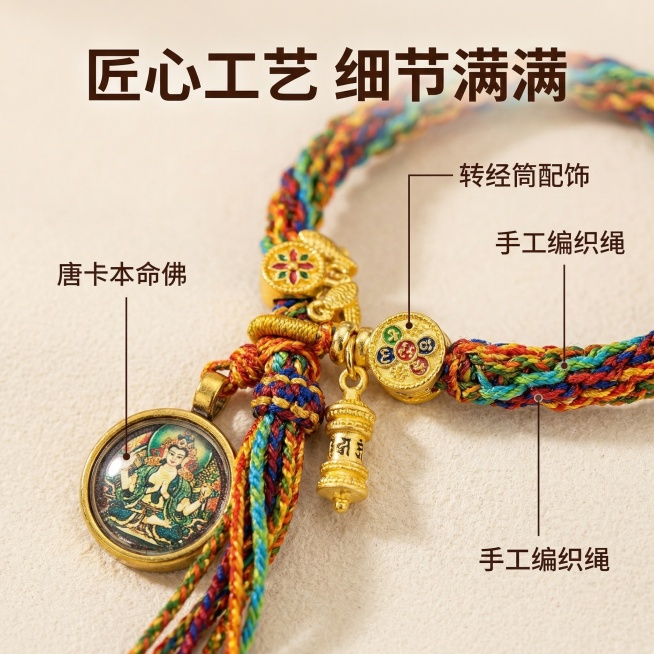 [主图 2] 藏式唐卡手绳核心细节亮点展示图；[氛围/风格] 国风禅意，质感高清实物细节展示，简约高级；[画面元素] 产品保持原图的藏式彩色编织手绳外观不变，对唐卡吊坠、转经筒装饰和编织绳结工艺进行特预览效果