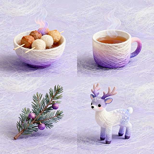 4 个素材，上下两行排齐。分别是冒热气的关东煮、泡暖茶的杯子、冬柏枝、雪鹿。背景浅紫，配色浅紫 + 米白，柔和奶油感。