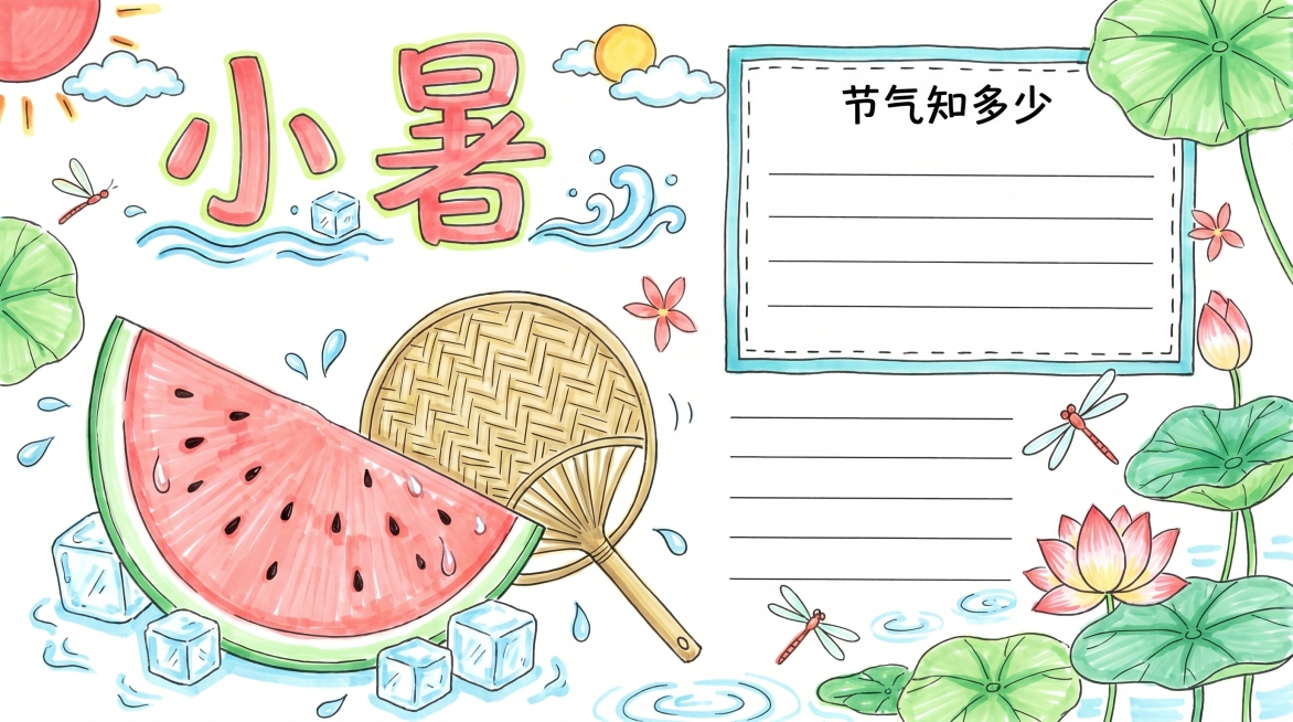 小暑手抄报，A4横版，马克笔手绘风格，整体色调清新。画面绘制冰镇西瓜和蒲扇，左下角插图右上角文字区域，顶部标题“小暑”，马克笔笔触明快，配色以浅红浅绿为主，凸显夏日清凉，排版宽松，预留文字抄写空间，符预览效果