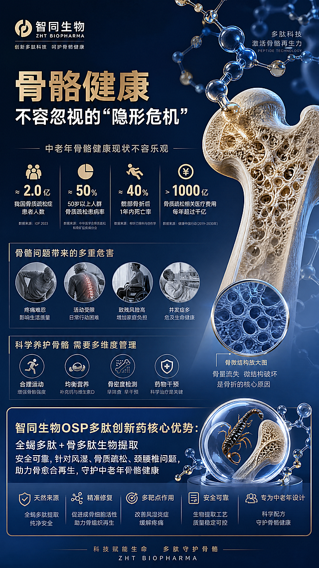 9:16竖版构图，高清8K，写实质感，海报设计，图文结合，中老年骨骼健康科普海报，排版整洁，视觉层次分明，无杂乱元素9:16竖版商业海报，8K超高清，轻奢医药科技风，深蓝+鎏金+浅灰高级配色，光影质感精致，轻奢渐变背景。画面融入微观分子多肽结构、骨骼肌理特写、简约医疗几何元素，大气商务排版。主标题突出骨骼健康警示数据，副标题科普危害与养护理念，底部突出智同生物OSP多肽创新药核心优势：全蝎多肽+骨多肽生物提取，安全可靠，针对风湿、骨质疏松、颈腰椎问题，助力骨愈合再生，守护中老年骨骼健康。字体采用精致无衬线字体，层次分明，专业医疗视觉，高端品牌质感，极简大气，商用宣传图