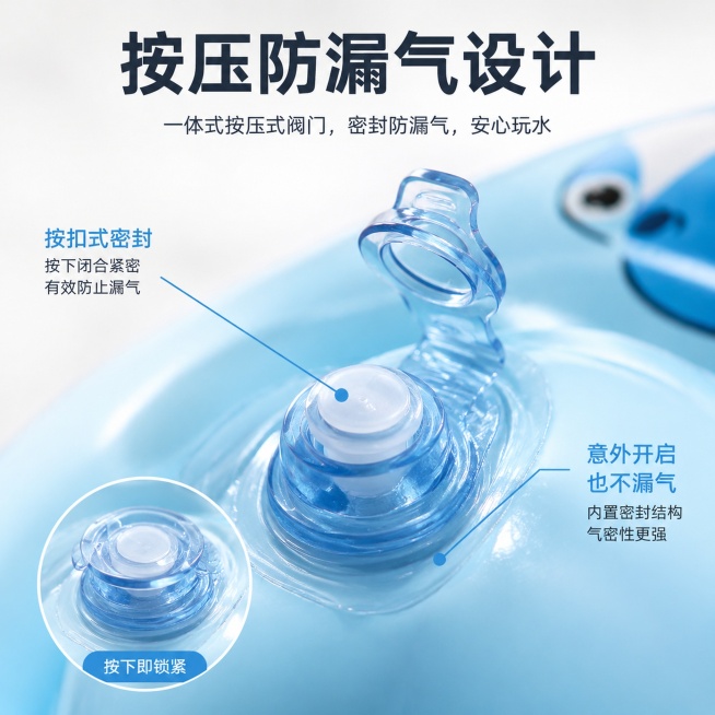 [主图-3] 密封防漏气设计细节展示图
[氛围风格] 细节特写，专业可信
[画质] 超高清微距特写，材质纹理清晰
[元素] 局部放大展示产品充气阀门位置，突出按压式防漏气设计。保持阀门和产品材质颜色与预览效果