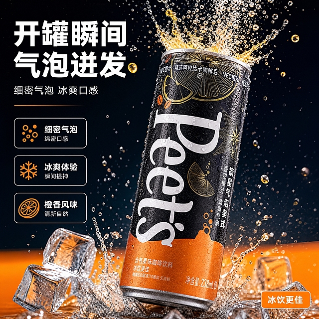 [主图-3] 气泡质地图，开罐瞬间突出细密气泡与冰爽质感。 [统一基调] 潮酷气泡冰饮高级商业摄影风，背景主色=深黑蓝（约#141B26）到深褐渐变，底部亮橙台面（约#FF7A1A），细橙色分割线分隔；主标题字色=纯白，辅助字色=浅灰白，强调色=亮橙与金色细线；全套只使用同一款现代无衬线粗体做标题、同字体常规体做辅助文字，不混用其他字体；组件统一为细白/橙色描边圆角卡片、气泡圆点图标、细引线，整套圆角与线宽一致。 [画面] 产品罐置于画面中央占约55%，罐体微侧倾斜约15度，罐口上方喷涌细密气泡与橙黄色汽水飞溅液滴，前景冰块碰撞溅起水花，罐身挂满冷凝水珠；微距捕捉气泡晶莹质感，罐身原有文字“Peet's”“摘星气泡美式”“NFC橙汁 精选阿拉比卡咖啡豆”“净含量: 238mL”完整保留零改写；背景深黑蓝渐变。 [光影质感] 商业棚拍冷冽明亮光，气泡晶莹剔透，液滴高光真实，冰块透亮，罐身金属高光条干净，无杂乱投影。 [配色] 深黑蓝背景，亮橙台面，白色主标题，浅灰白辅助字，橙色与金色点缀。 [文字版式] 左上方主标题“开罐瞬间 气泡迸发”白色现代无衬线粗体横排，副标题“细密气泡 冰爽口感”浅灰白小号，右下角橙色小标签“冰饮更佳”；所有文字横排，不遮挡罐身与气泡主体。 [输出要求] 比例1:1，画质4K超清，文字清晰锐利；负向：罐身变形、文字错字、模糊、水印、平台Logo、冷蓝冷灰主色。