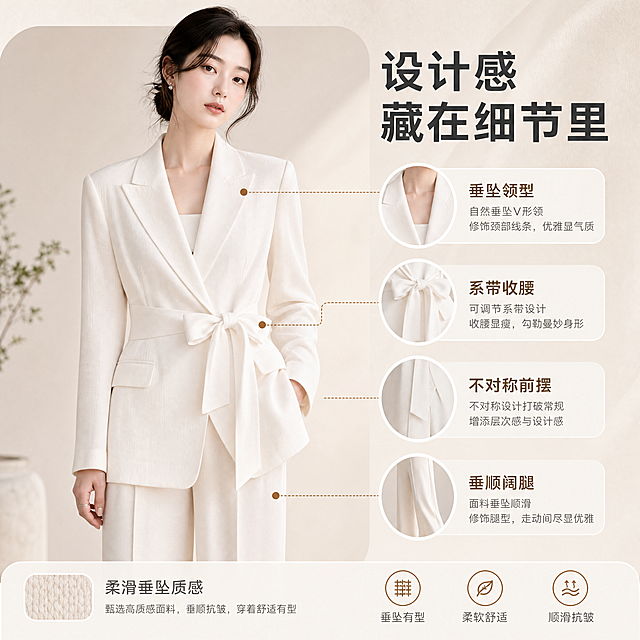 [商品] 使用【图1】奶油米色系带西装上衣与配套长裤，保留系带收腰、垂坠领型、不对称下摆与柔滑垂坠质感，理顺褶皱。
[画面] 设计感细节页：主画面为模特上身穿着上衣的近景，细线引线标注设计亮点：腰部系带收腰、垂坠V形领、不对称前摆、垂顺阔腿裤，主图占画面60%，标注信息围绕主体排布，背景为暖米白极简空间，1:1方形构图。
[视觉] 套系策略：风格=秋冬暖调极简高级感商业摄影，韩系简约；标题字=现代无衬线粗体；正文字=简洁无衬线体；主色=奶油米白；背景延展=基于奶油米白做深浅层级、同色渐变与细腻织物/纸张质感；强调色=焦糖棕，仅用于小面积图标、引线和标签；标题色=深炭灰；正文色=中暖灰；组件=圆角浅底信息卡、细线引线、针织纹样标签；光影=左前侧暖柔光。
[文字] 主标题“设计感藏在细节里”，引线标签：系带收腰、垂坠领型、不对称前摆、垂顺阔腿；所有文字横向排版，简体中文。
[规格] 图片比例1:1，4K，避免变形、错字、文字过小、冷蓝灰背景、颜色改变、款式失真。