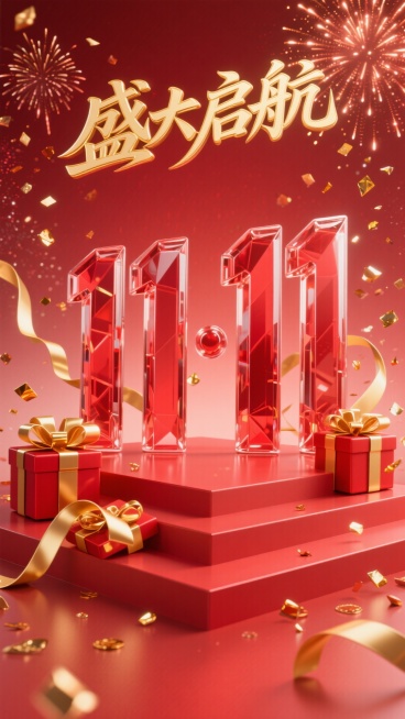红色玻璃立体字 “11·11” ，上方搭配金色 “盛大启航” 艺术字。周围环绕红金礼盒、金色丝带、烟花、碎金片，背景为红色渐变，底部有红色阶梯展台，整体风格热烈喜庆预览效果