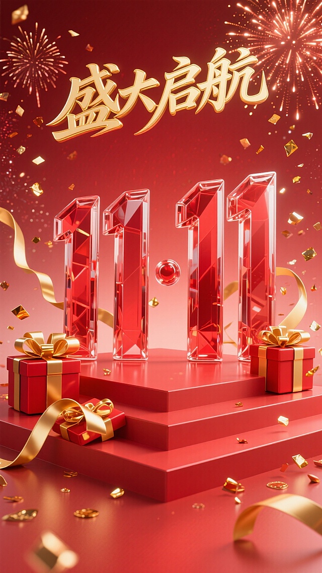 红色玻璃立体字 “11·11” ，上方搭配金色 “盛大启航” 艺术字。周围环绕红金礼盒、金色丝带、烟花、碎金片，背景为红色渐变，底部有红色阶梯展台，整体风格热烈喜庆