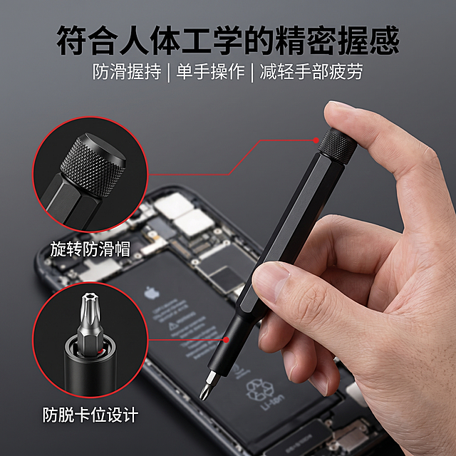 深灰渐变背景，手持黑色哑光螺丝刀特写，顶部加粗中文标题'符合人体工学的精密握感'，下方小字'防滑握持 | 单手操作 | 减轻手部疲劳'。左侧2个红圈细节图，第一个圈突出可独立旋转的六角防滑帽，标注'旋转防滑帽'；第2个圈聚焦批头防脱卡位，标注'防脱卡位设计'，2条红引线精准对应产品点位，背景用模糊手机主板场景衬托，整体风格贴合参考图，重点还原滚花的写实质感，严格还原黑色铝合金六边形手柄的形状和质感，比例保持1:1，整体欧美工业极简高级风格，杂志级精致排版，高清 2K 画质，专业产品摄影打光，突出金属质感和哑光黑色质感。
