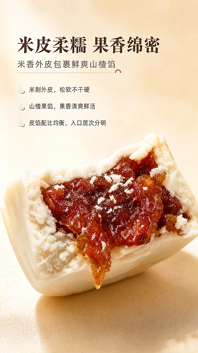 [商品] 使用【图2】掰开的山楂馅米月饼切面；保留米白皮疏松质地、山楂内馅深褐红棕与果泥果肉颗粒质感、半块饼体的掰开形态；优化馅料颜色为通透温润的蜜渍山楂红棕，提升油润光泽，去除原图冷白背景与冷硬阴影，不出现任何包装。
[画面] 切面食欲特写，质地微距型；半块掰开的米月饼斜向放置于画面中央偏下，饼体切面朝向观众，占画面约70%；暖奶米白渐变背景，暖光从左上方打在馅料上，烘托馅料透亮油润的果肉光泽，米皮边缘带柔和高光，底部投奶油棕柔和阴影；突出米皮疏松孔隙与山楂馅绵密果泥的对比层次。
[视觉] 套系策略：风格=新中式温润食欲商业摄影；标题字=宋体衬线粗体（雅致厚重）；正文字=简洁无衬线体；主色=暖奶米白；背景延展=基于暖奶米白、浅麦杏做同色渐变与细腻米粉/哑光纸张质感；强调色=蜜渍山楂红棕，仅用于小面积图标、引线和重点词高亮；标题色=深暖棕；正文色=柔炭灰；组件=细线分隔、圆角浅底信息卡、米粒小图标；光影=暖调漫射柔光，左前侧主光，整体通透温润。
[文字] 画面上部左对齐排版，主标题"米皮柔糯 果香绵密"，副标题"米香外皮包裹鲜爽山楂馅"，下方3条卖点："米制外皮，松软不干硬""山楂果馅，果香清爽鲜活""皮馅配比均衡，入口层次分明"；全部横向排版，卖点前加米粒小图标，文字区不遮挡切面馅料主体。
[规格] 图片比例9:16竖版，4K，负向提示：避免冷白背景、冷蓝阴影、暗沉死黑、发紫发黑馅料、纸盒包装、塑料托、文字竖排、文字过小、饼体变形、馅料无光泽。