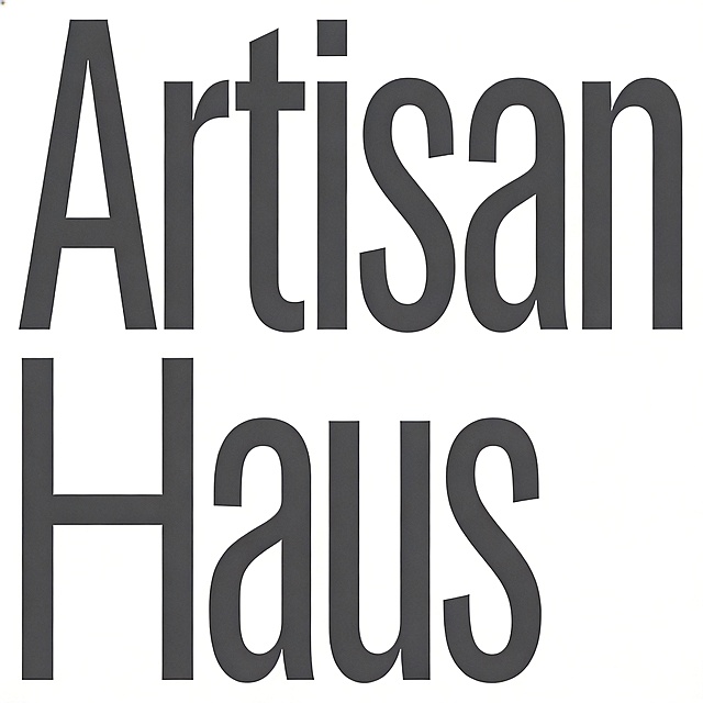 纯白色干净背景。平面艺术字体设计，品牌名称“Artisan Haus”，所有文字单行横向排列，德系北欧极简无衬线字体，几何切割重构，笔画简化为流畅利落的几何线条，粗细均匀清晰，深灰色字体，单色设计，极致留白，克制简约，高识别度，适合作为建材家具定制品牌logo。仅包含文字："Artisan"、"Haus"，不得增加、遗漏或替换任何一个字。文字整体必须完整呈现在画面内不可被裁切，四周留有安全边距。比例1:1。