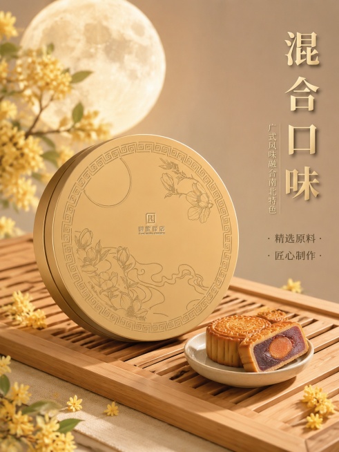 [主图-2] 月饼礼盒核心亮点展示图。氛围风格：中式中秋高级质感，自然清新，商业摄影质感。元素：保持原礼盒外观、文字、材质、颜色完全不变，只更换背景。背景为浅木色茶席，搭配完整中秋圆月和散落的新鲜桂花预览效果