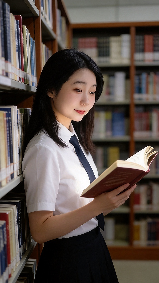 基于参考图人物，改为中景侧拍，高质量超清画质，真实摄影风格，达芬奇大师后期调色，柔和清透细腻影调，高对比度自然饱和度，青春靓丽高中校花，面容清秀，皮肤白皙紧致有光泽，五官立体比例协调，眉眼清纯含笑，自然乌黑中长发，素颜淡妆，唇色健康红润，眼影清透，身穿整洁校服衣领干净，手持翻开书籍，站在书香弥漫的图书馆书架旁，嘴角微翘，目光注视书页，微微侧身，动作优雅自然，柔和光线从侧前方照亮面部，形成微妙立体感，边缘轻微晕影强化聚焦，专业构图，层次感丰富，虚实结合