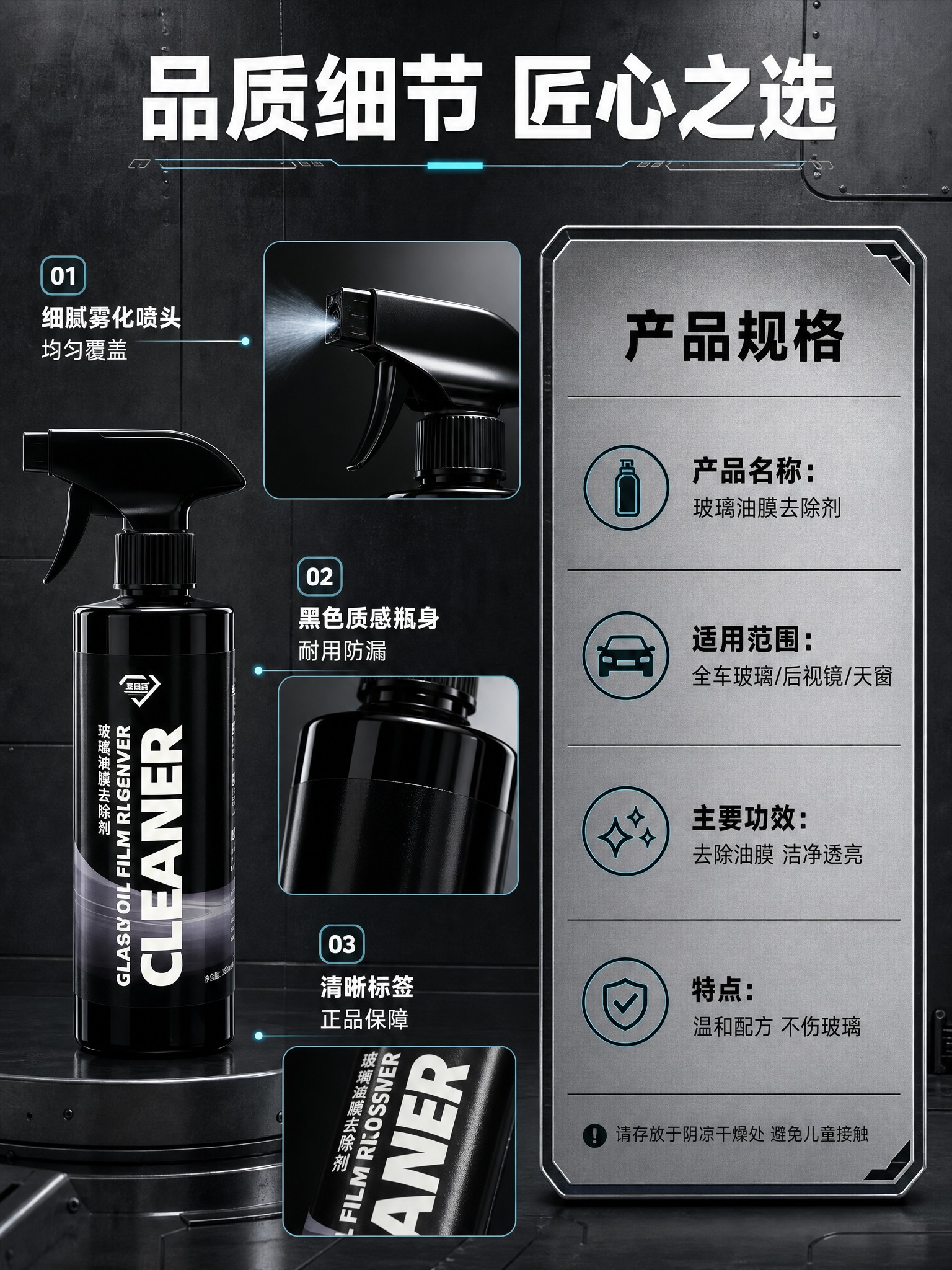 [商品] 使用【图1】黑色瓶身玻璃油膜去除剂；保留黑色瓶身、白… - 图片创意预览