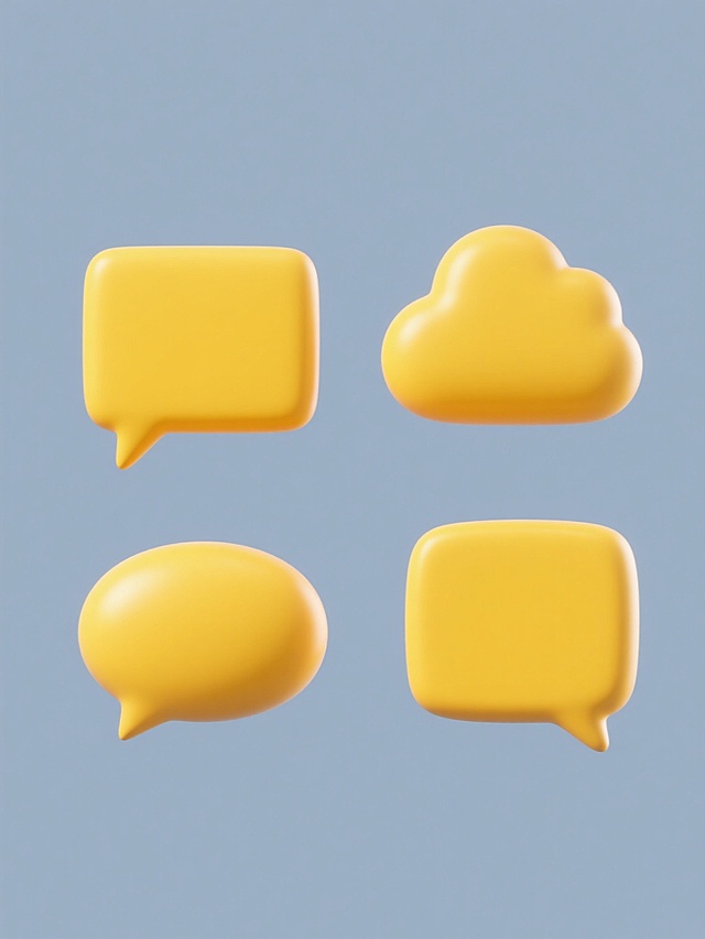 四个造型完全不同的黄色3D立体对话气泡，保持光滑圆润的表面质感、明亮的高光和柔和的阴影，采用相同的纯黄色调，分别为圆角矩形带小尾巴、云朵形状带缺口、椭圆底部带尖角、方形边角圆润化带侧边短尾，规整排布在纯色背景上，形成系列素材集合，整体风格统一且现代感十足。