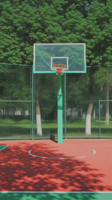 生成五张不同视角方向的硅pu篮球场视红绿配色的预览效果