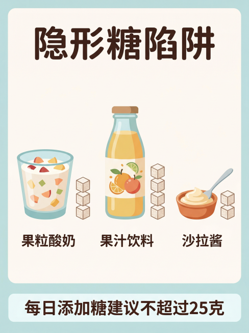 信息图表风格，浅色背景，画面中央并列展示三样物品：一杯果粒酸奶、一瓶果汁饮料、一碟沙拉酱。每样物品旁边用小方糖块图标堆叠表示含糖量——酸奶旁3块方糖，果汁旁4块方糖，酱料旁2块方糖。顶部标注"隐形糖陷预览效果